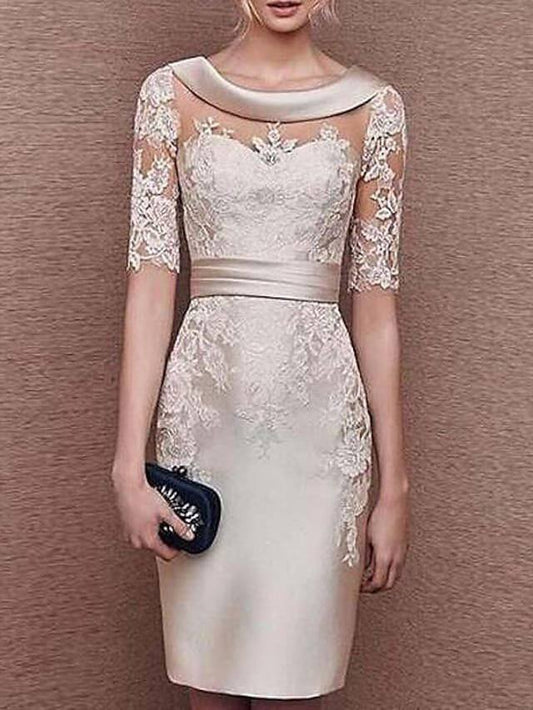 Sheath / Column Mother of the Bride Dress Elegant Jewel Neck Knee Length Stretch Satin Short Sleeve with Appliques - RongMoon