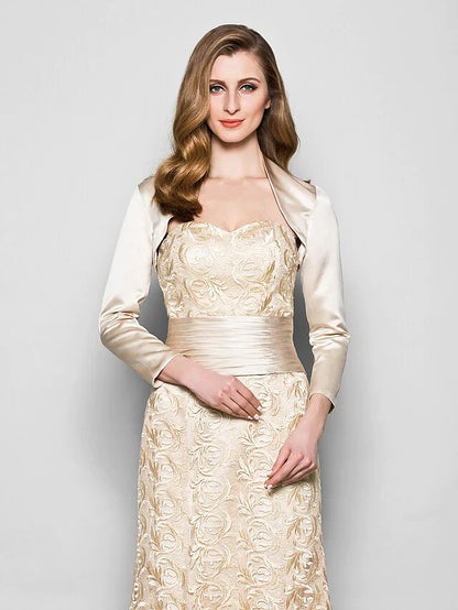 Mother of the Bride Dress Wrap Included Sweetheart Neckline Floor Length Lace Satin 3/4 Length Sleeve with Sash Ribbon Ruched