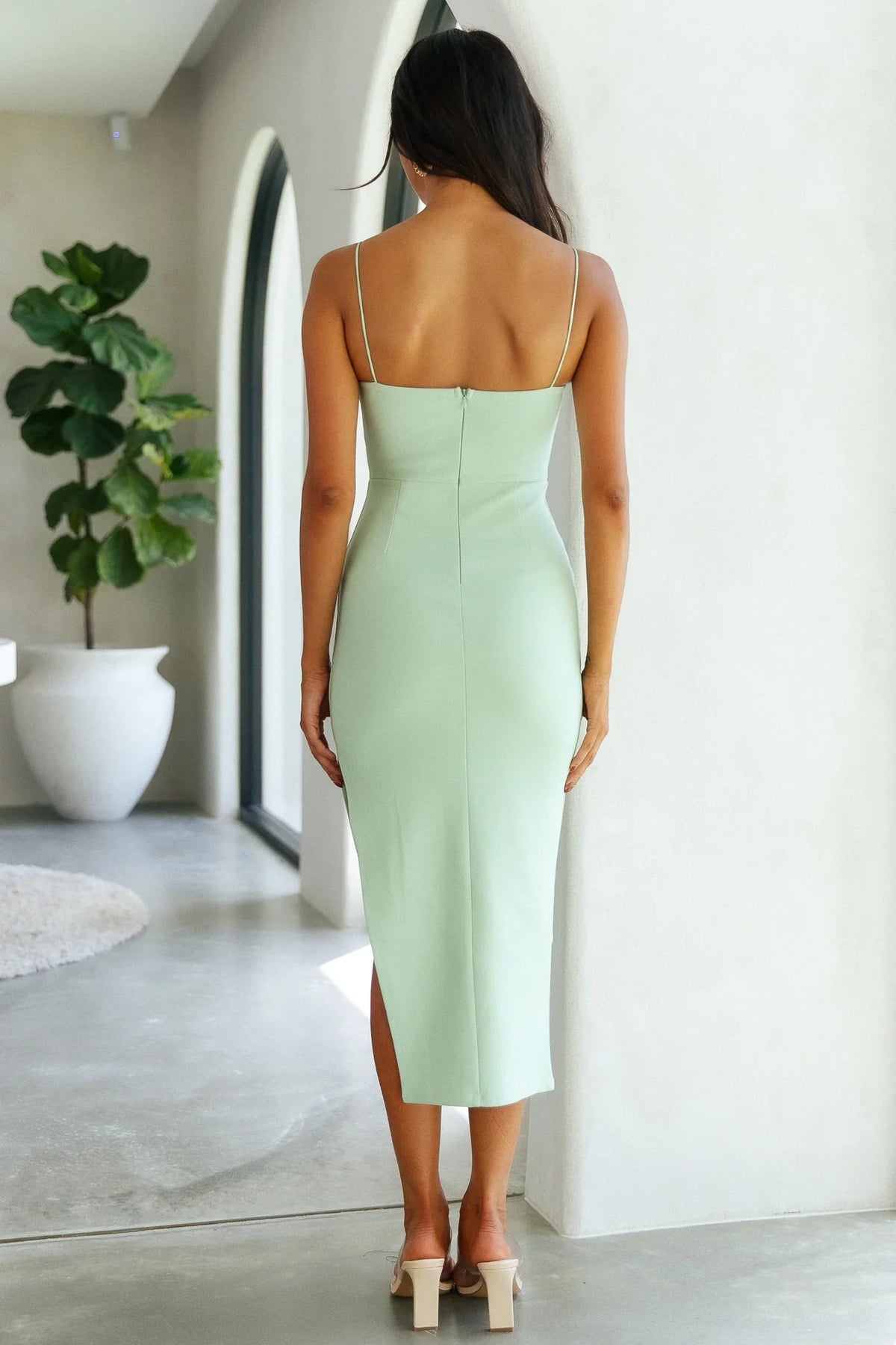 Jimiss heart-shaped neckline thin shoulder straps side slit mid length Prom dress