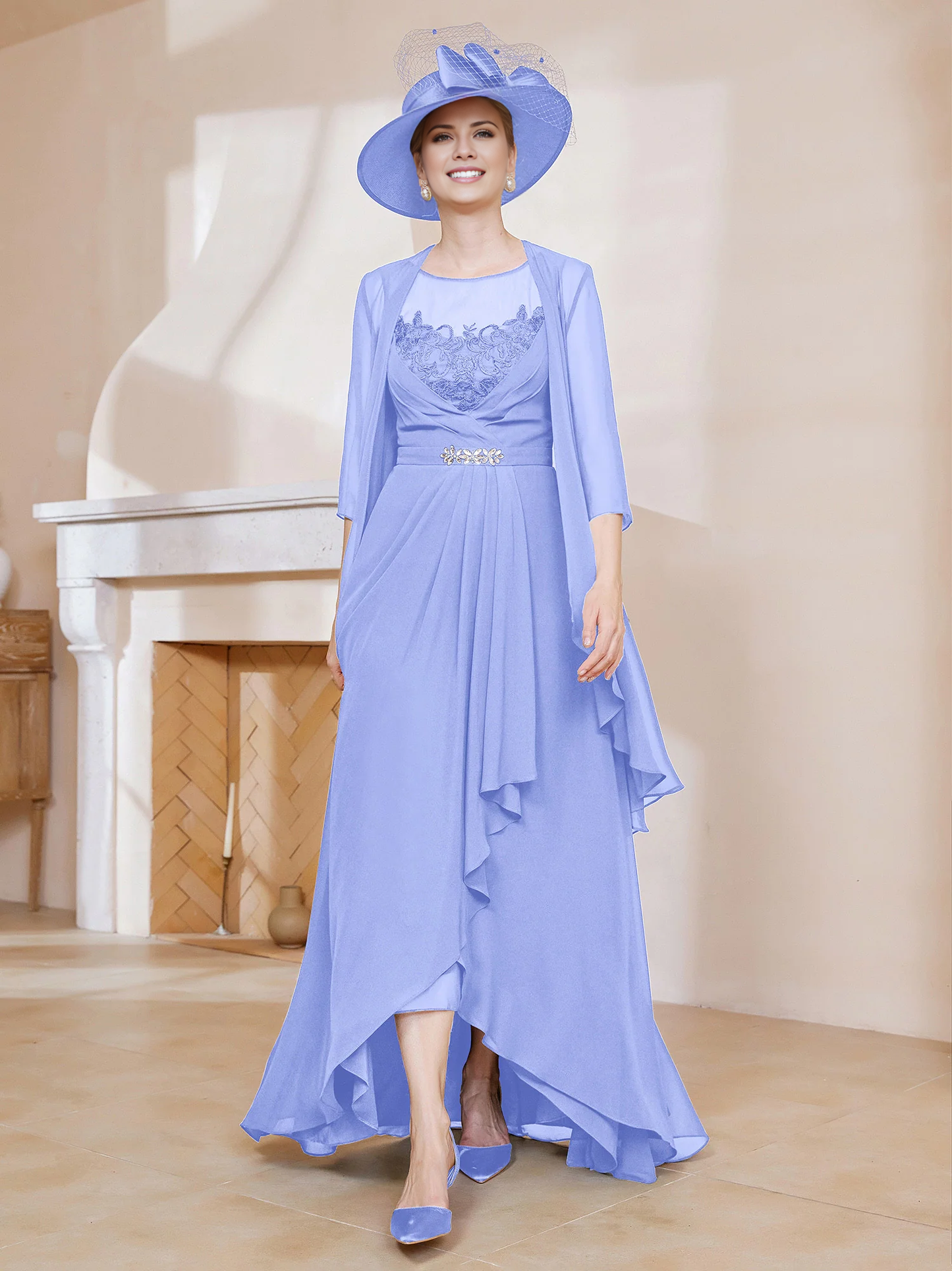 Illusionary collar ruffled dress paired with jacket mother of the bride dress