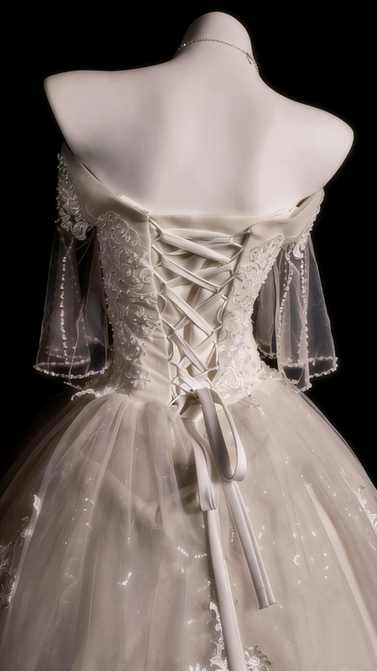 Luxury Court Style Satin & Tulle Floor-Length Ballgown Off-Shoulder Beaded Embroidery Train Wedding Dress - Ceremony Gown for Wedding & Engagement Banquet gh6494