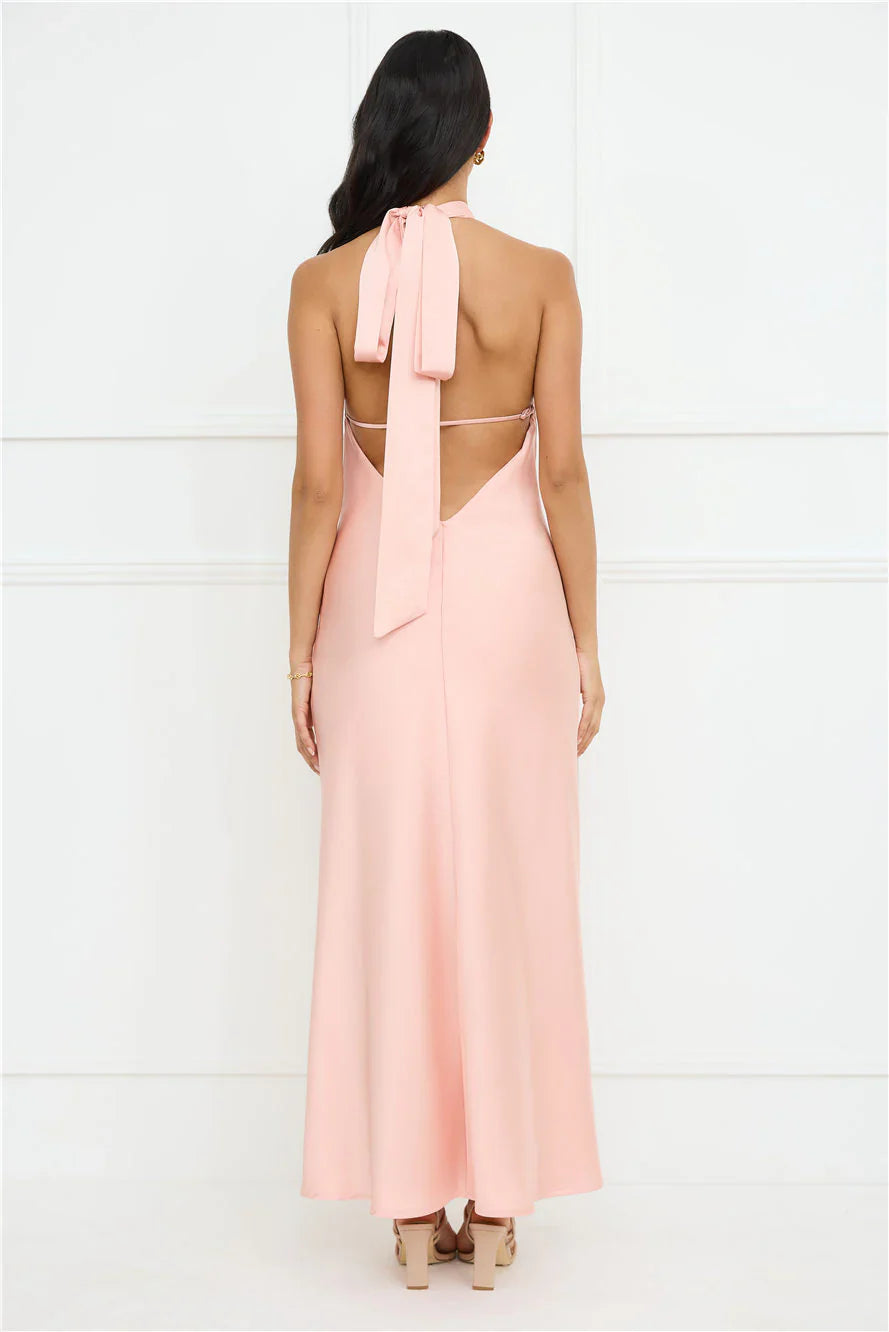 Jimiss halter neckline satin bow tie tie maxi prom dress