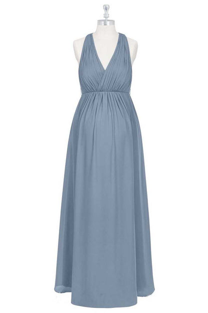 Dusty Blue Halter Backless Maternity Bridesmaid Dress