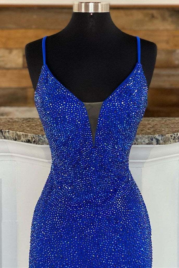 Royal Blue Beaded V-Neck Mermaid Long Prom Dress