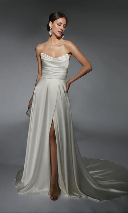 Perfect satin off shoulder straight tube backless slit trailing skirt wedding dress