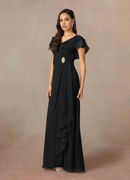 A-Line V-Neck Ruched Chiffon Black Mother of the Bride Dresses