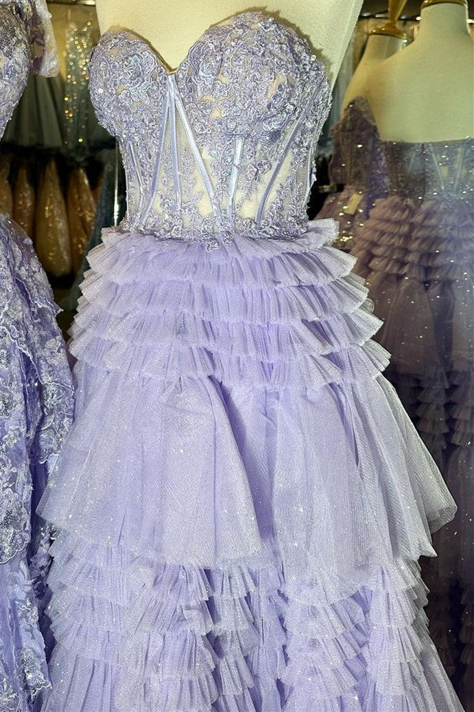 Strapless Tulle Sweetheart Tiered A-Line Long Prom Dress with Ruffles
