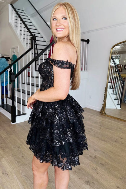 Black Sequin-Embroidery Sweetheart A-Line Tiered Homecoming Dress