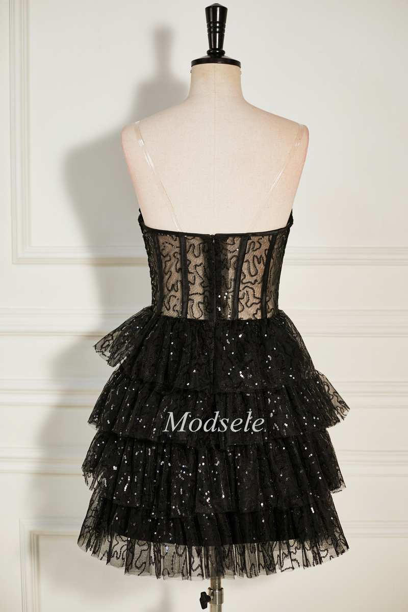 Black Sequin Tulle Strapless Tiered Short Party Dress with Ruffles