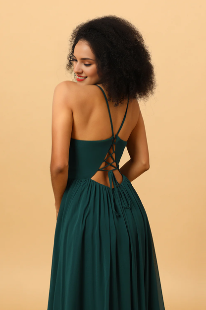Pine A Line back lace chiffon slit bridesmaid dress