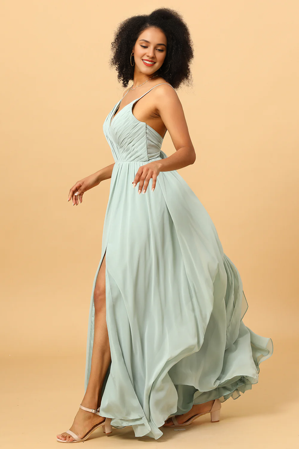 Light green pleated long slit chiffon bridesmaid dress