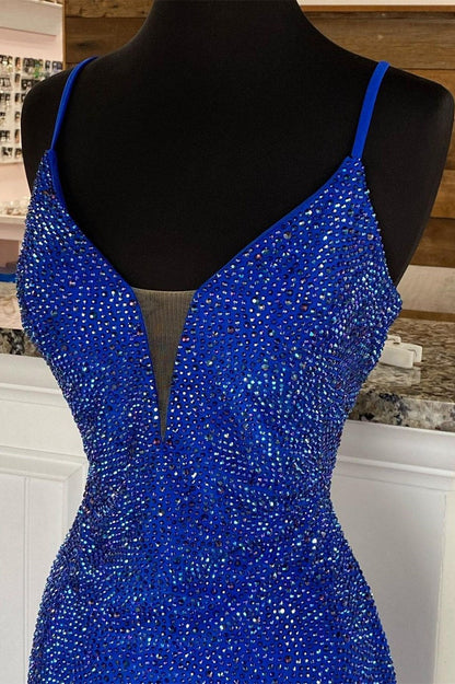 Royal Blue Beaded V-Neck Mermaid Long Prom Dress