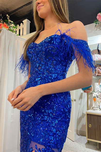 Orange Off-the-Shoulder Sequin Applique Mermaid Long Dress with Slit