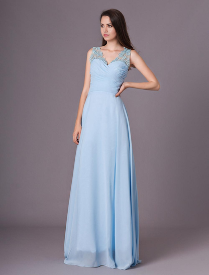 A-line V-Neck One Shoulder Floor-Length Chiffon formal dresses evening gown Bridesmaid Dress With Flower