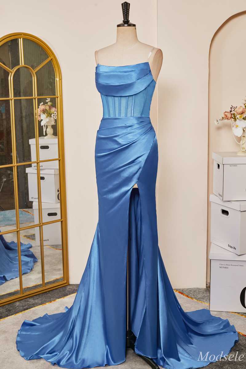 Blue Strapless Ruching Mermaid Long Prom Dress with Slit