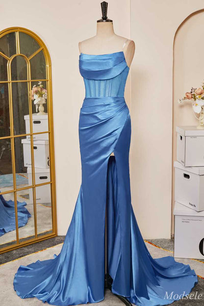 Blue Strapless Ruching Mermaid Long Prom Dress with Slit