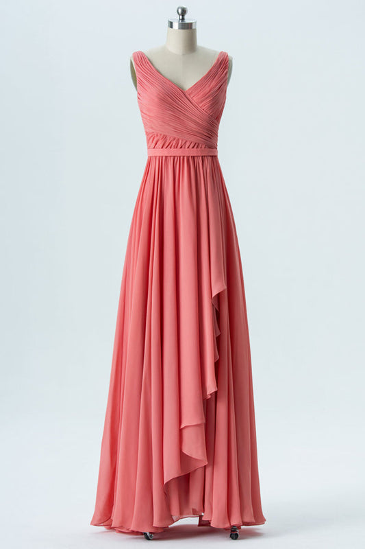 Coral Pink Chiffon Sleeveless Ruffled Bridesmaid Dress