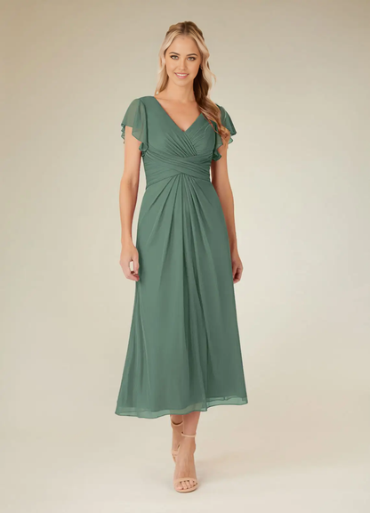 A-Line V-Neck Pleated Tea Length Mother of the Bride Dresses