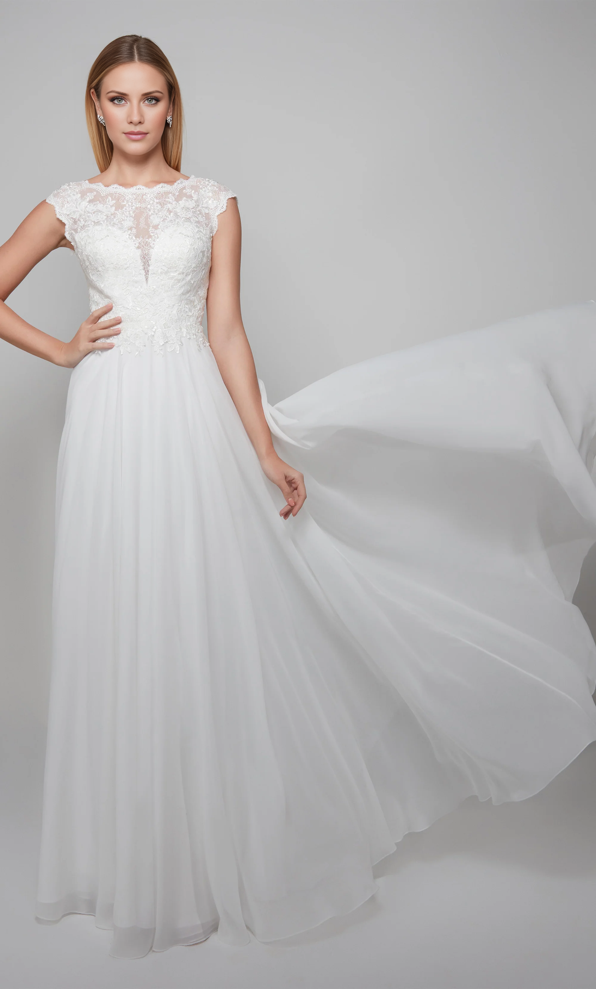 Chiffon A-line scallop shaped illusion lace tight corset and floor length wedding dresses