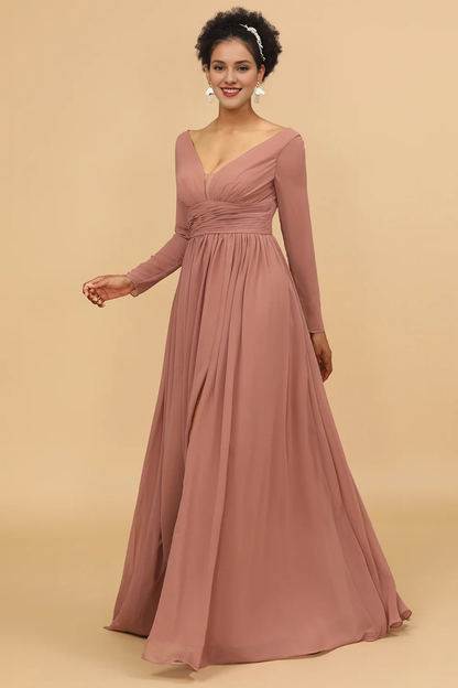 Pink V-neck long sleeved slit chiffon bridesmaid dress