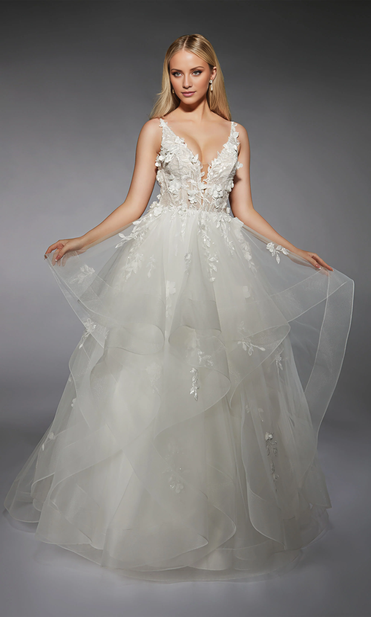 Chiffon lace deep V-neck backless 3D floral lace applique ruffle edge wedding dress
