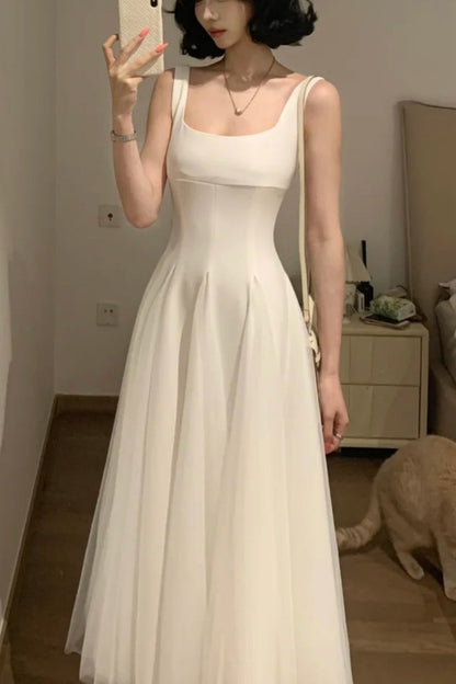 White Square Neck Spaghetti Strap Satin Tulle - Minimalist Elegant Bridesmaid/Date/Light Evening Midi Gown gh6981