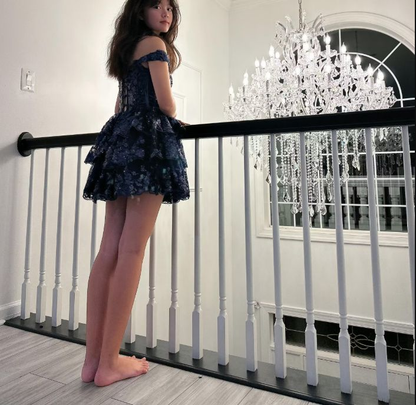 Sexy Off The Shoulder Tulle Lace Layered Homecoming Dress,Navy Blue Short Prom Dress cc2549