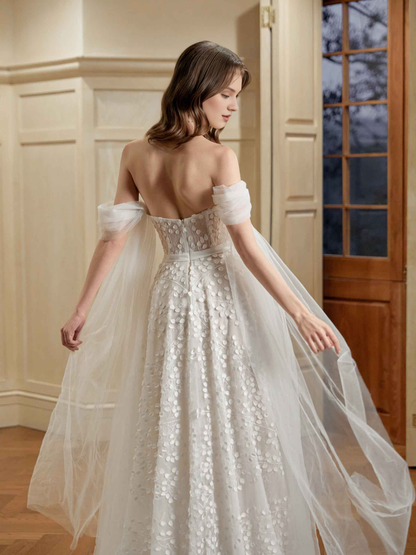 Ivory A-line off shoulder sweetheart super long lace wedding dress