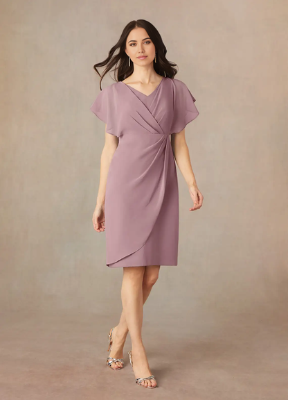 Sheath V-Neck Pleated Chiffon Dusty Rose Tea Length formal dresses evening dress Mother of the Bride Dresses
