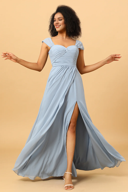 Grey blue A Line slit off shoulder chiffon bridesmaid dress