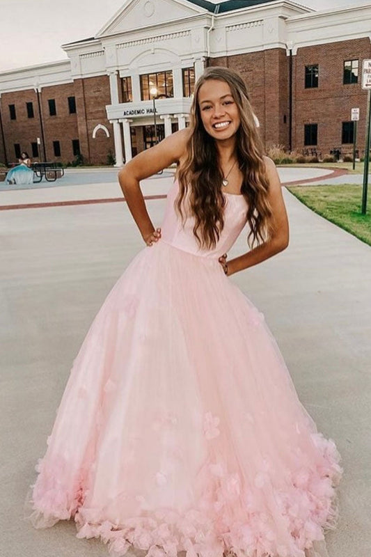 Pink tulle applique long prom dress pink tulle formal dress
