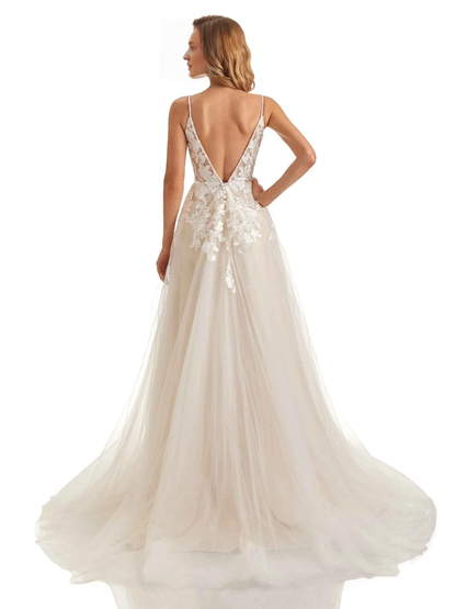 Elegant thin shoulder strap lace decal A-line wedding dress