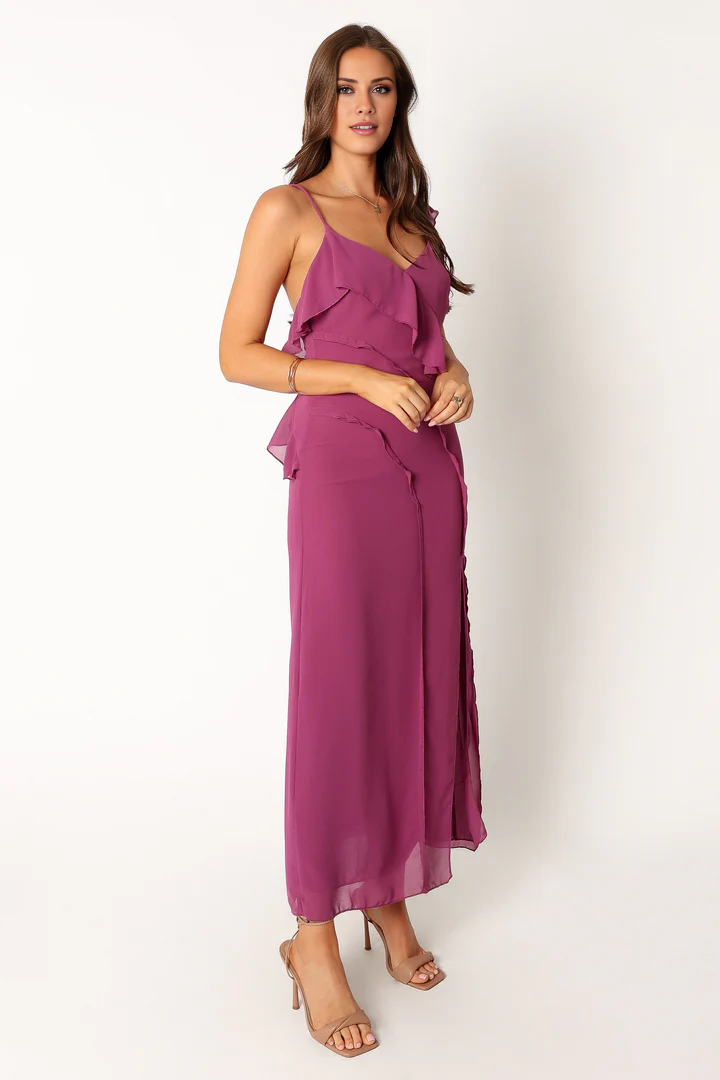 Jimiss V-neck front split lotus leaf side length style Prom dress