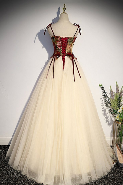 Vintage Spaghetti Straps Tulle A Line Ball Gown Champagne Formal Prom Dress cc2443