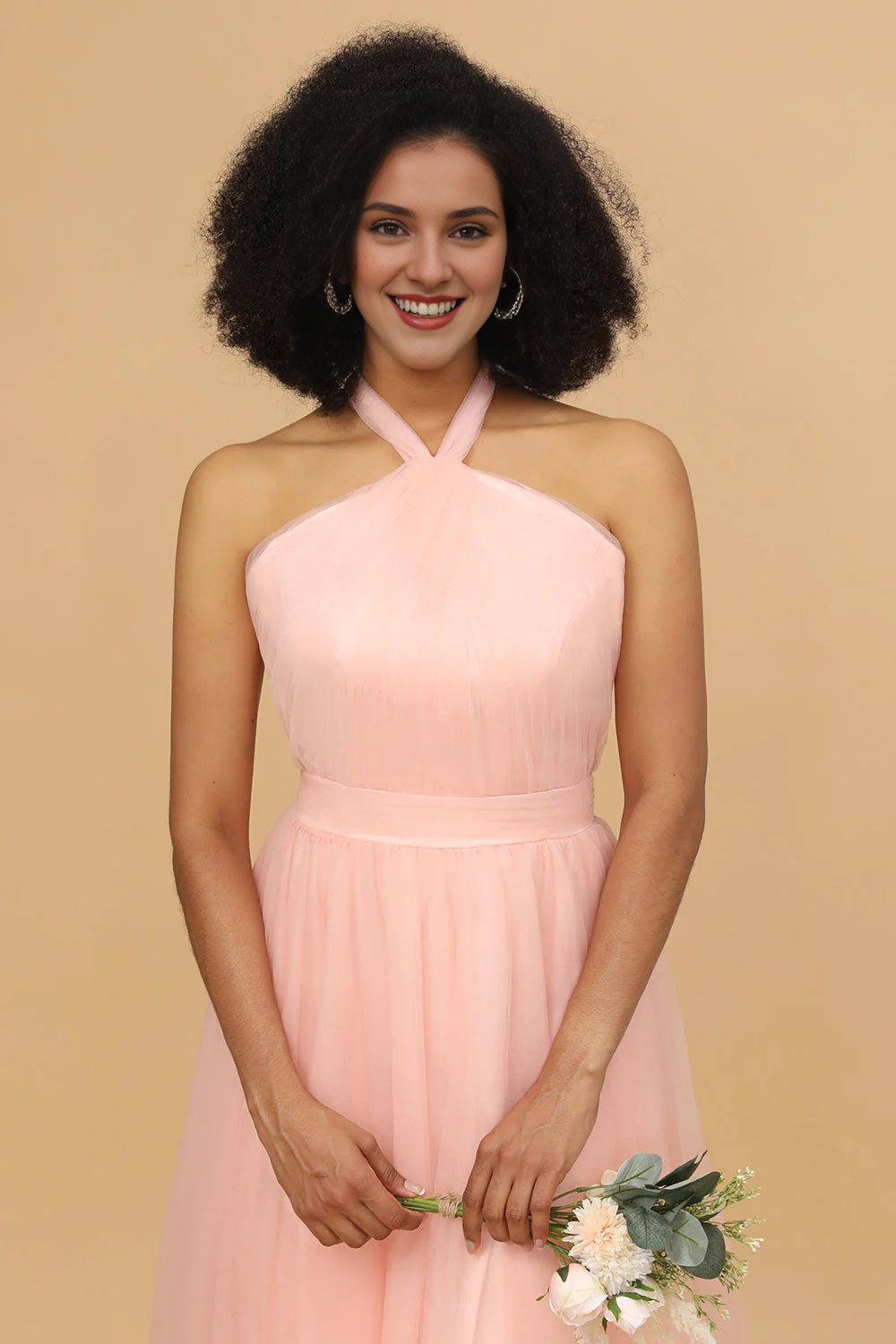 Powder blusher A-shaped neck and floor tulle bridesmaid dress