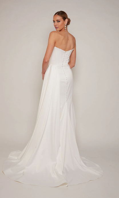 Perfect satin strapless straight tube backless tight corset with slit wedding dress