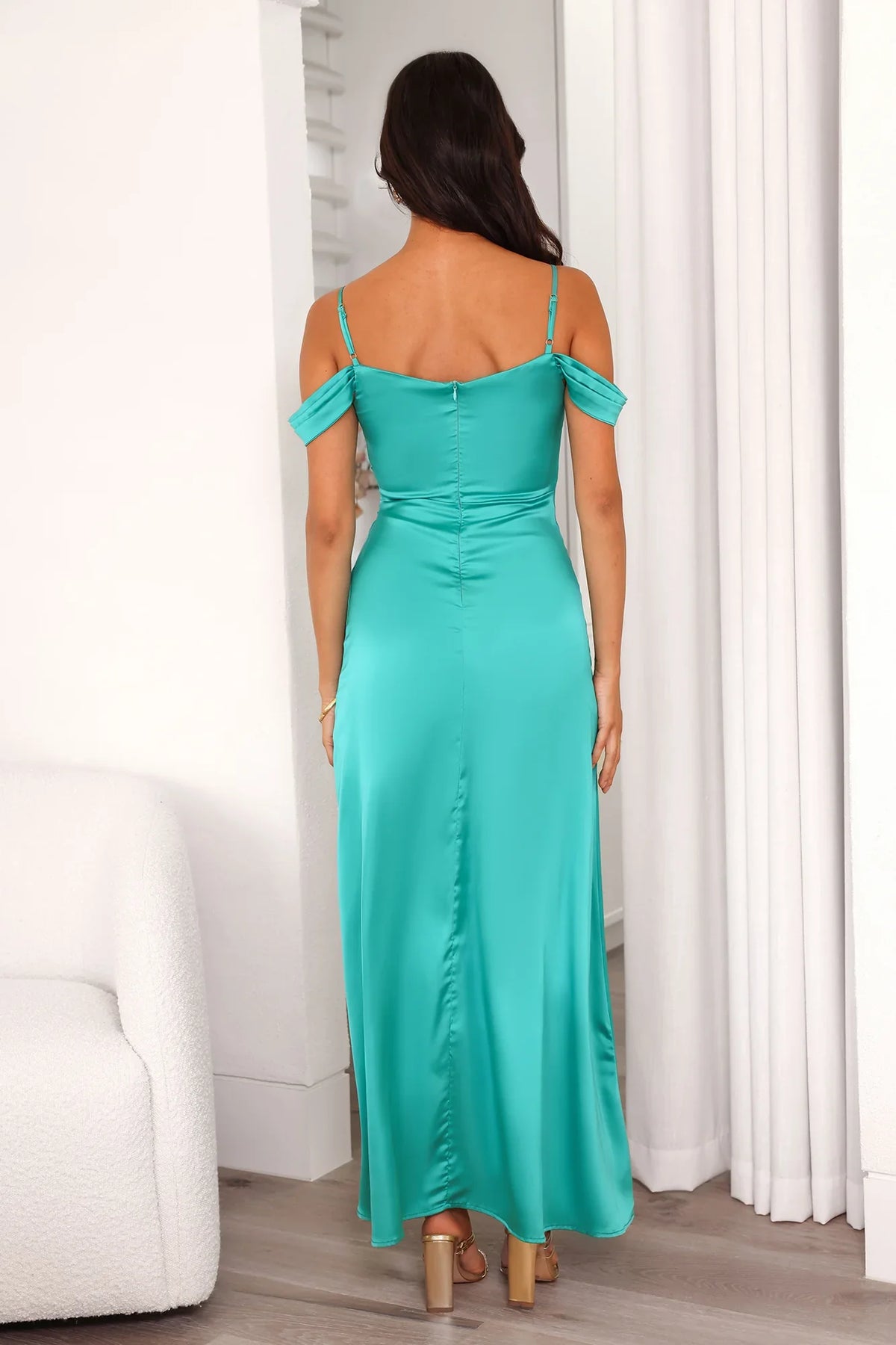 Jimiss V slim collar shoulder strap side slit long Prom dress