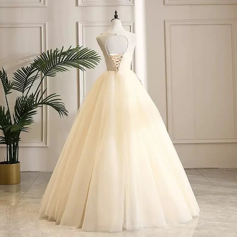 Girlhomeshops-Champagne shimmering gold gorgeous floral bead decoration and formal ball dress with lace up, stunning wedding dress gh5311