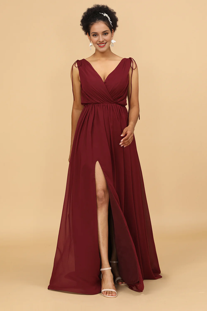 Wine red V-neck pleated long chiffon bridesmaid dress
