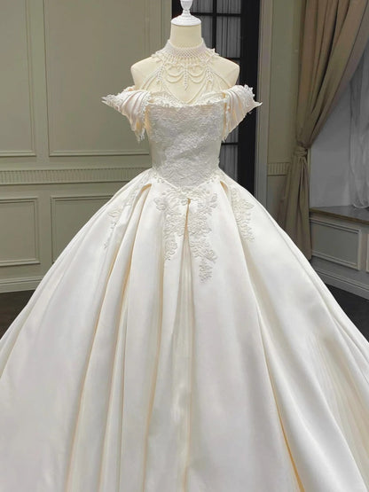 Girlhomeshops--✨White vintage exquisite beaded tube top satin lace wedding dress, court beauty, elegance and sexiness gh5441