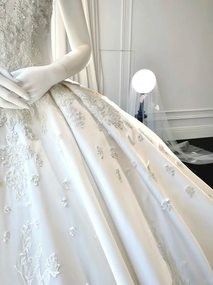 Girlhomeshops--💕White wedding dress with floral and delicate beaded appliques, simple long satin wedding dress gh5443