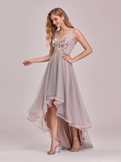 V Neck Asymmetrical Tulle Bridesmaid Dress with Appliques