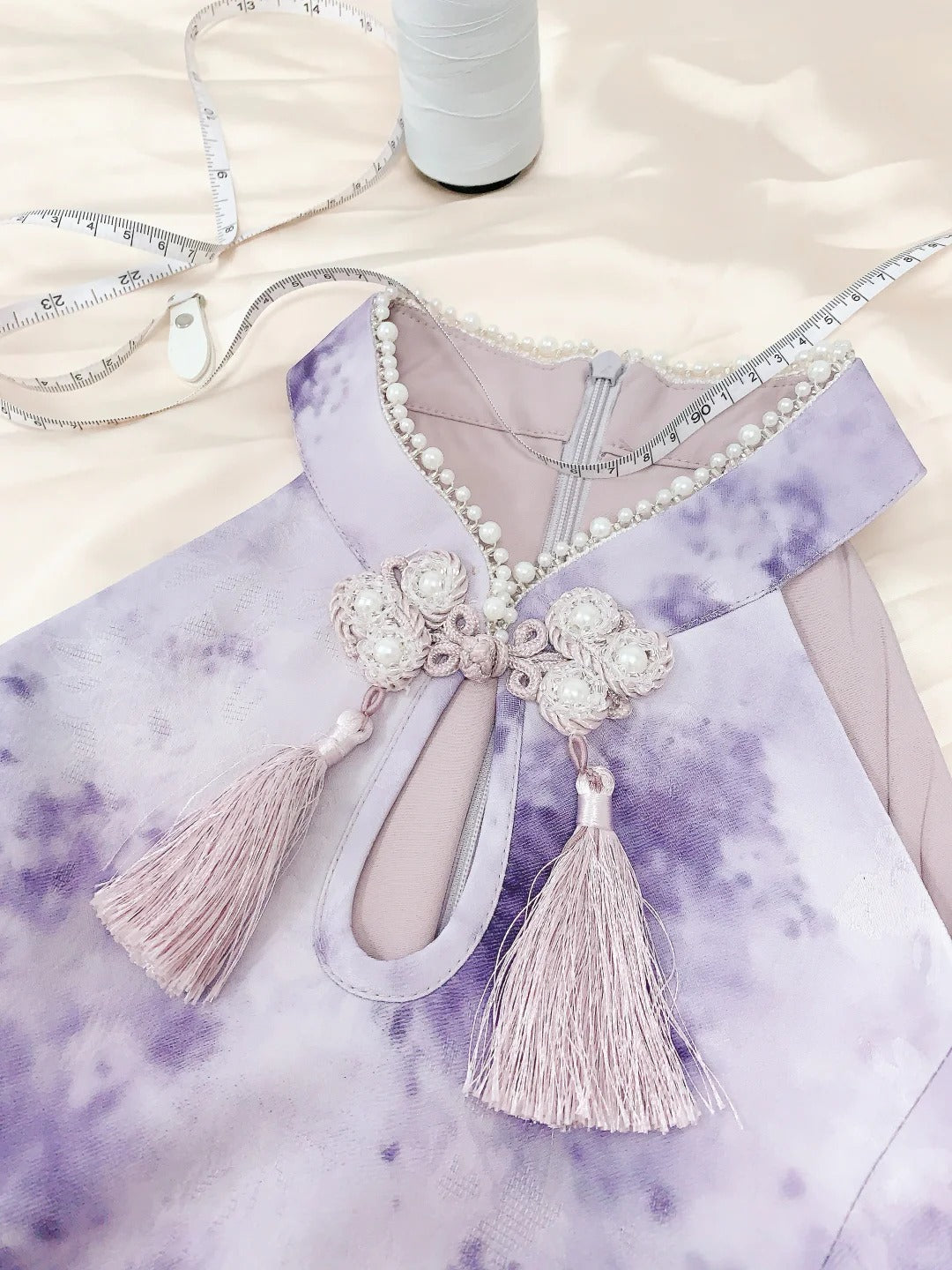girlhomeshops--Purple gradient color new Chinese style pearl stand collar with button bow fairy dress oriental aesthetics gh5731