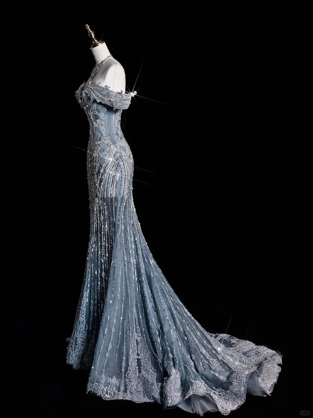 ✨💎Silver Blue Luxurious Heavy Industry Sparkling Gorgeous Elegant Exquisite Beading Stunning Long Mermaid Dress Sequin Floor Length Trailing Prom Dress Evening Dress Wedding Dress gh4114