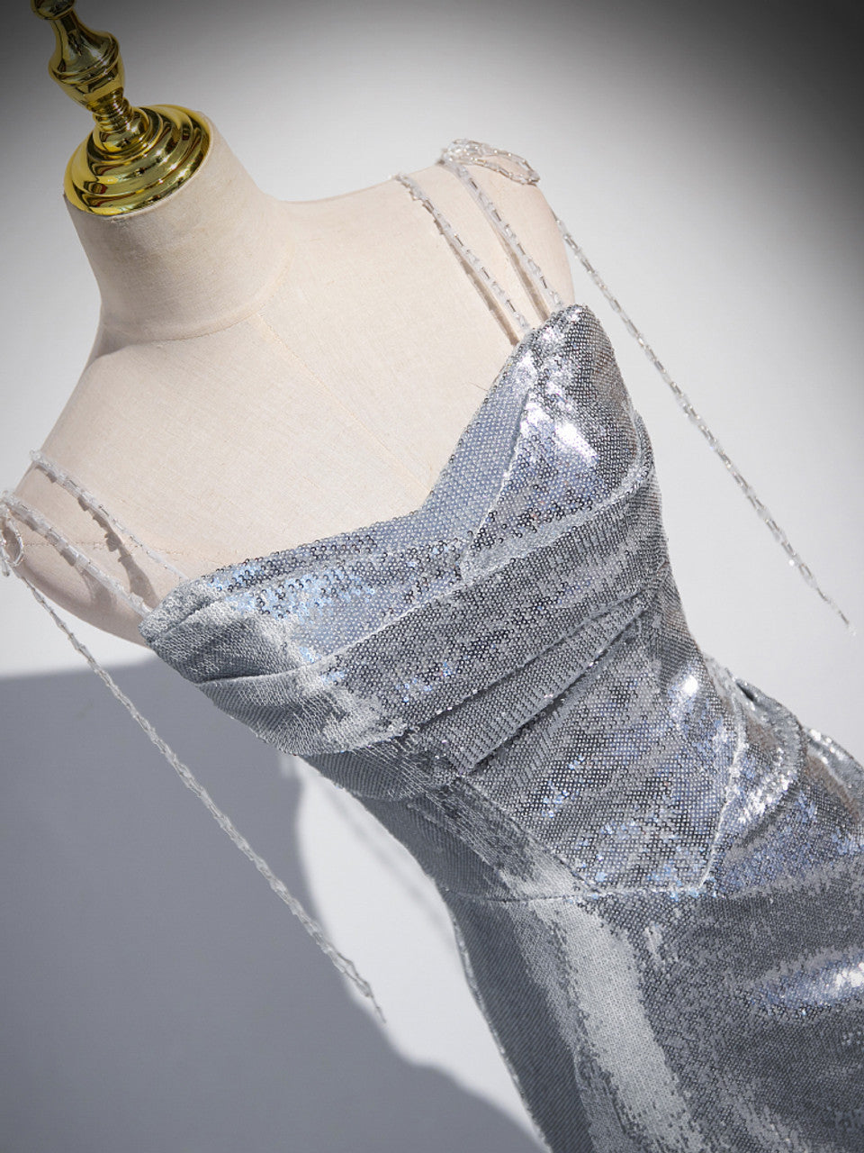Charming Silver Mermaid Sequins Spaghetti Straps Pleated Prom Dress Long Party Dress  cc1556