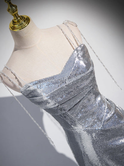 Charming Silver Mermaid Sequins Spaghetti Straps Pleated Prom Dress Long Party Dress  cc1556