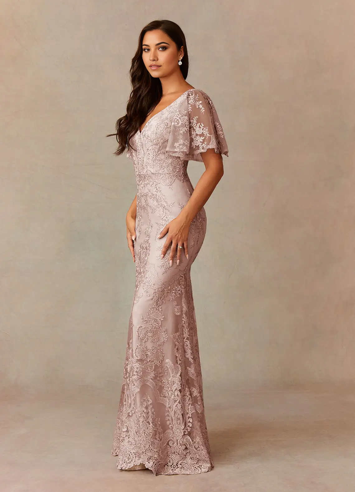 Mermaid V-Neck Lace Dusty Rose formal dresses evening dress Mother of the Bride Dresses