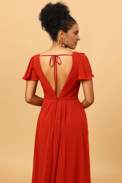 Rusty red A-line slit and floor length bridesmaid dress