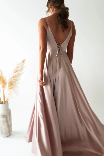 Thin shoulder strap V-neck side slit and floor length Prom dress - Jimiss Dress