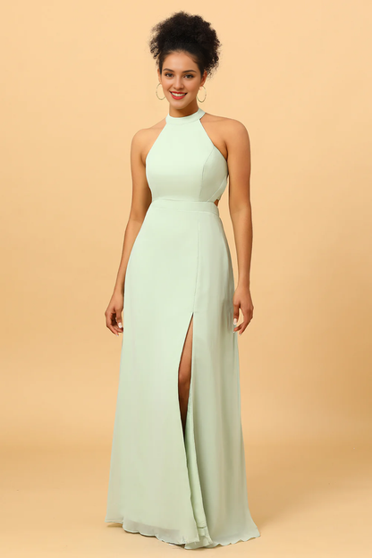 Dusty Sage long slit chiffon bridesmaid dress